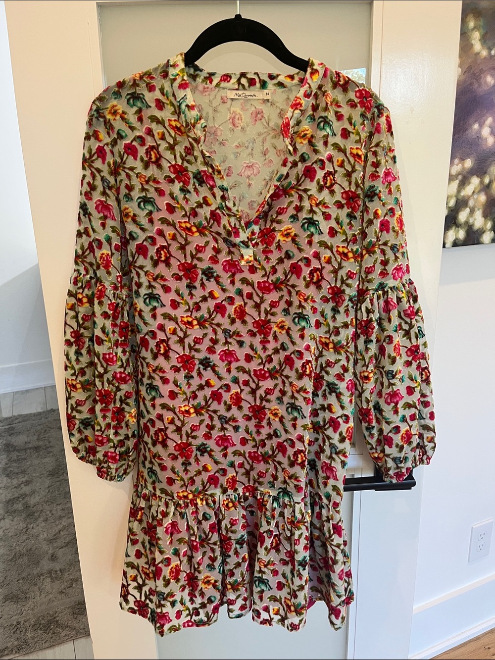 Mes Demoiselles Floral Tiered Mini Dress in Cream, Red & Green